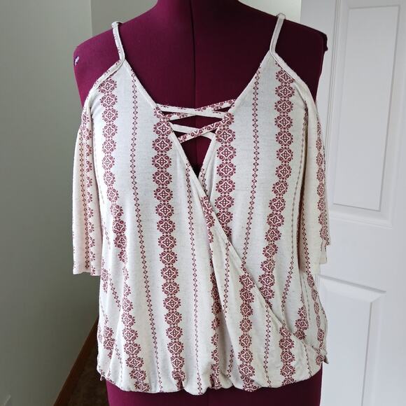 hem & thread cold shoulder faux wrap tank top L tan red adjustable straps L4998 - Picture 5 of 12